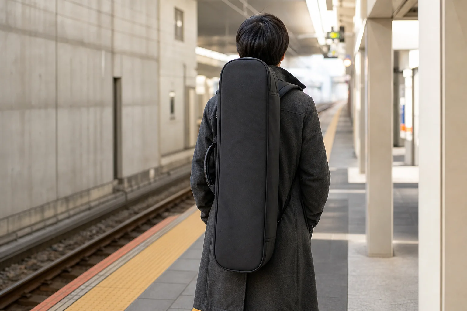 リュック型のケースにバスクラを収めて背負い、駅のホームを歩く人の後ろ姿の写真