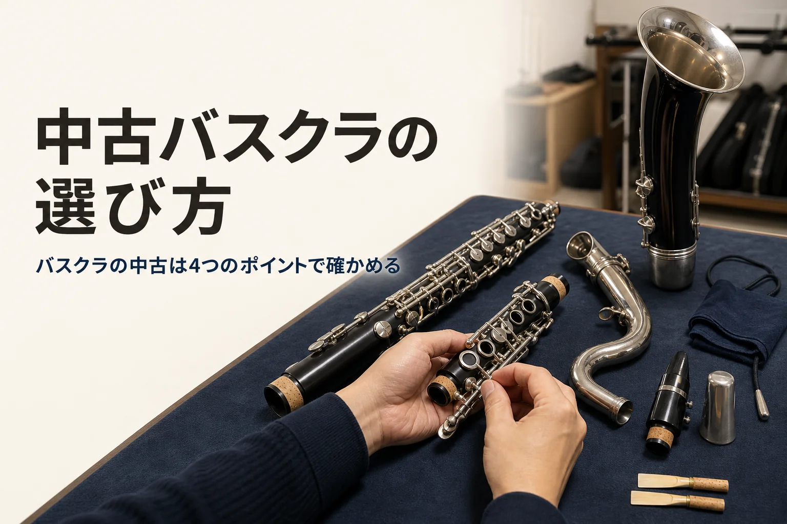中古のバスクラの選び方を紹介する記事のアイキャッチ。作業台で中古のバスクラリネットの状態を確かめる手元