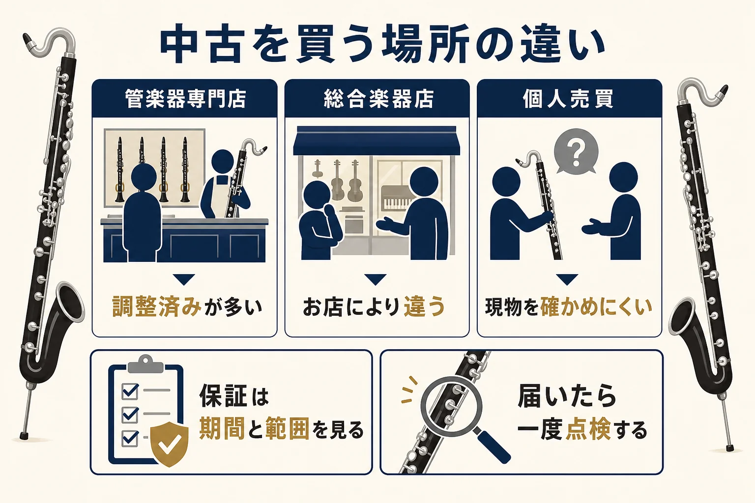 中古のバスクラを買う場所を、管楽器専門店・総合楽器店・個人売買の3つで比べ、試奏・調整・保証の違いを示した図解