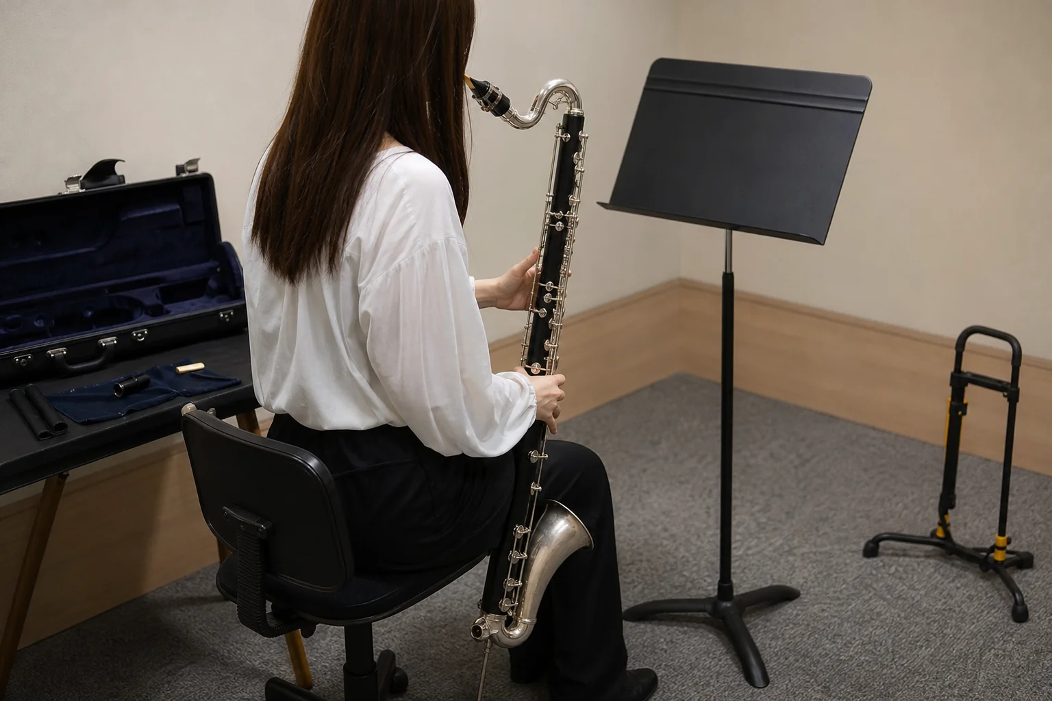 中古のバスクラを買う前に、試奏室で最低音から高い音まで吹いて確かめる場面