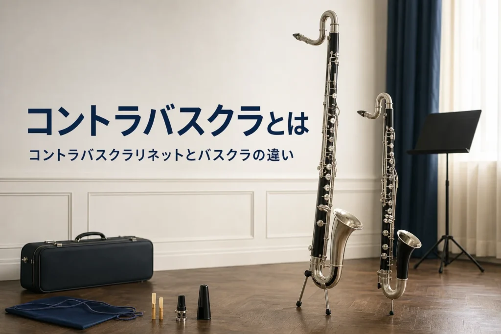 コントラバスクラリネットとはどんな楽器かを紹介する記事のアイキャッチ。床に立てた大きなコントラバスクラリネットとバスクラリネット