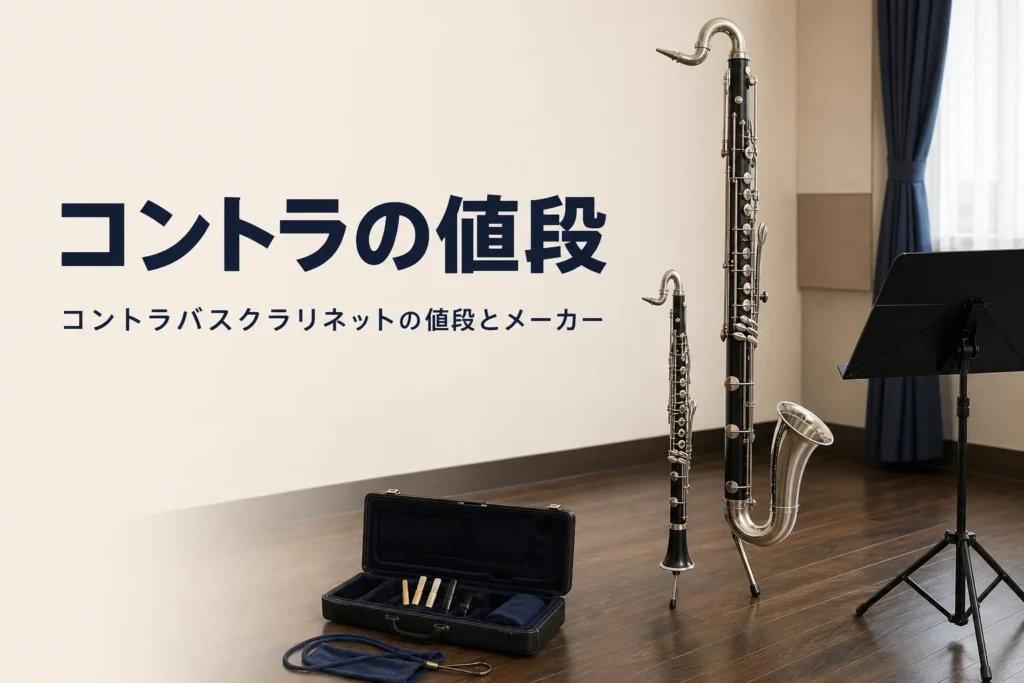 コントラバスクラリネットの値段とメーカーを紹介する記事のアイキャッチ。音楽室に立てた大きなクラリネット
