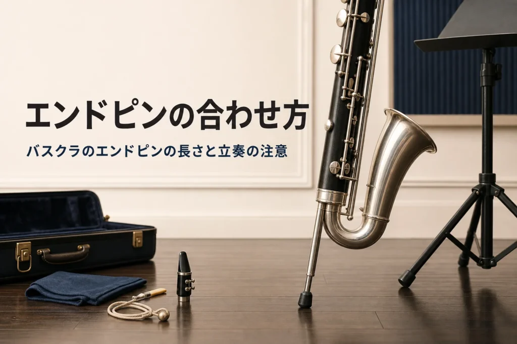 バスクラのエンドピンを紹介する記事のアイキャッチ。床に立てたバスクラリネットのベルとエンドピン