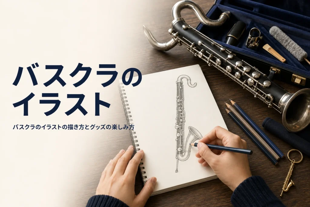 バスクラのイラストの描き方を紹介する記事のアイキャッチ。スケッチブックにバスクラの絵を描く手元