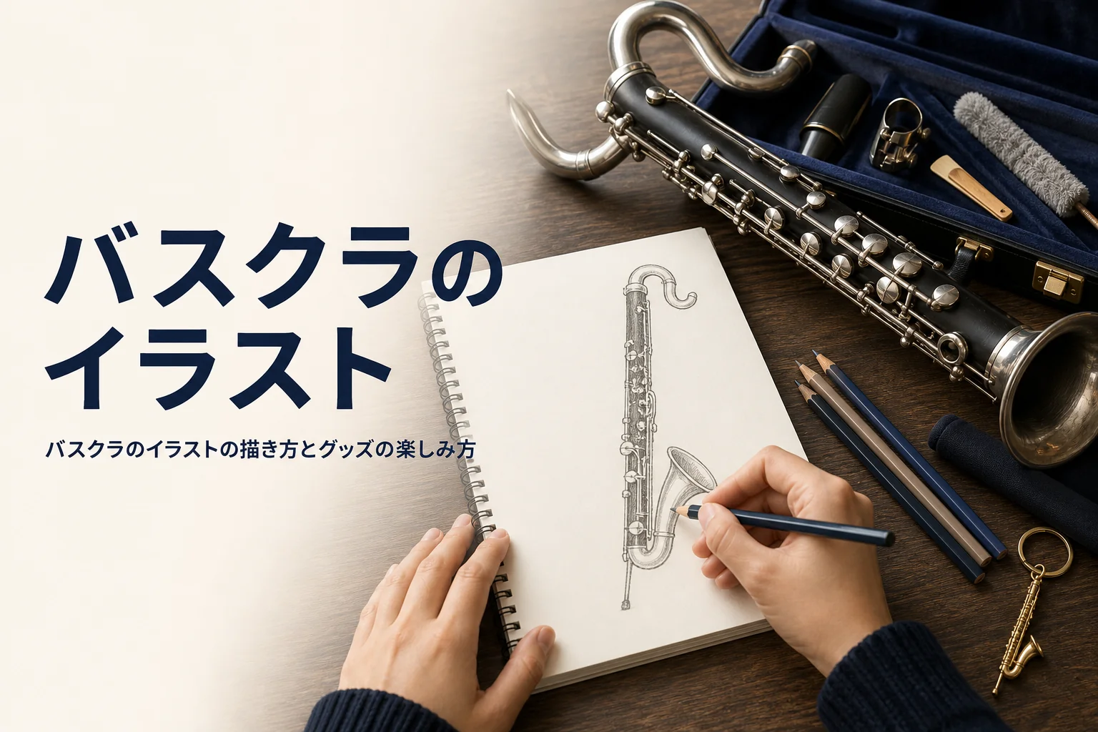 バスクラのイラストの描き方を紹介する記事のアイキャッチ。スケッチブックにバスクラの絵を描く手元