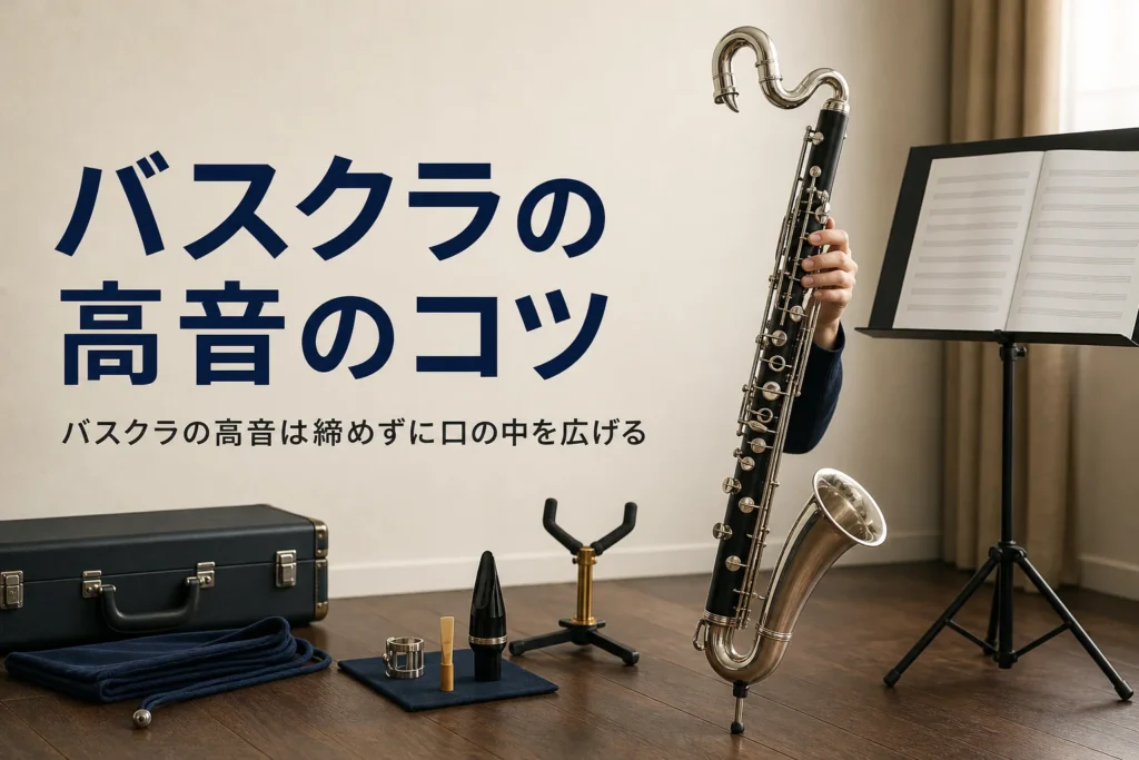 バスクラの高音のコツを紹介する記事のアイキャッチ。練習室に立てたバスクラリネットと譜面台