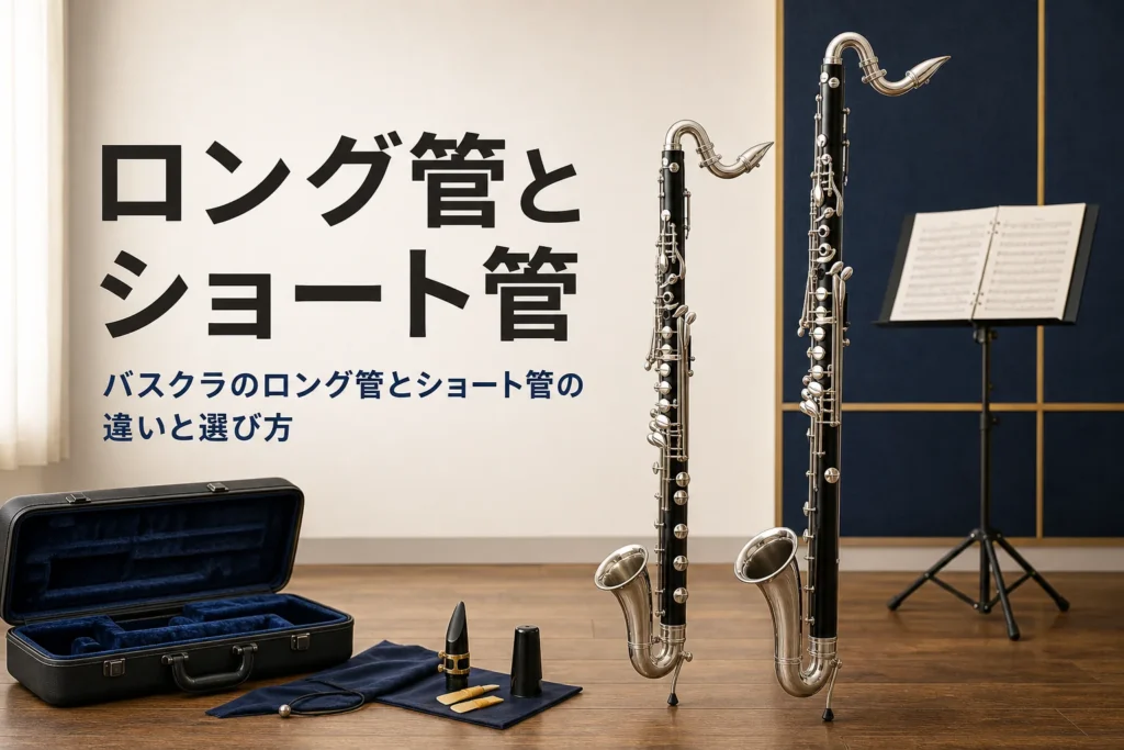 バスクラのロング管とショート管の違いを紹介する記事のアイキャッチ。床に立てた長さの違う2本のバスクラリネット