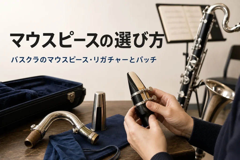 バスクラのマウスピースとリガチャーの選び方を紹介する記事のアイキャッチ。机に置いたマウスピースとネック