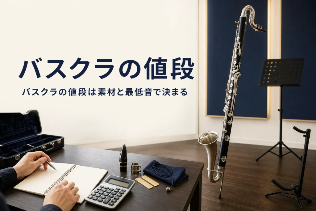 バスクラの値段を紹介する記事のアイキャッチ。立てたバスクラリネットとテーブルの電卓とノート