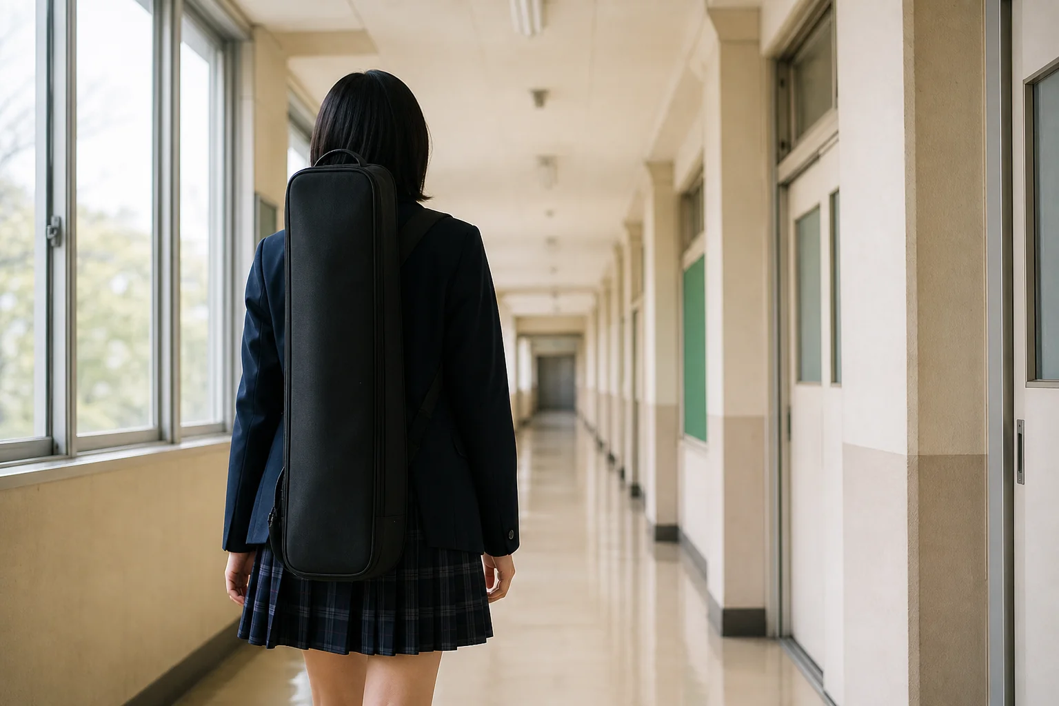 リュック型のケースに収めたバスクラを背負って運ぶ後ろ姿の写真