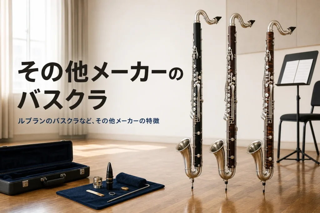 ルブランやジュピターなど、その他メーカーのバスクラを紹介する記事のアイキャッチ。素材の違うバスクラリネットが並ぶ様子