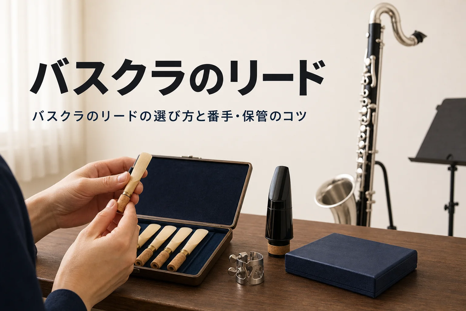 バスクラのリードの選び方を紹介する記事のアイキャッチ。マウスピースとリードケースに並んだリード