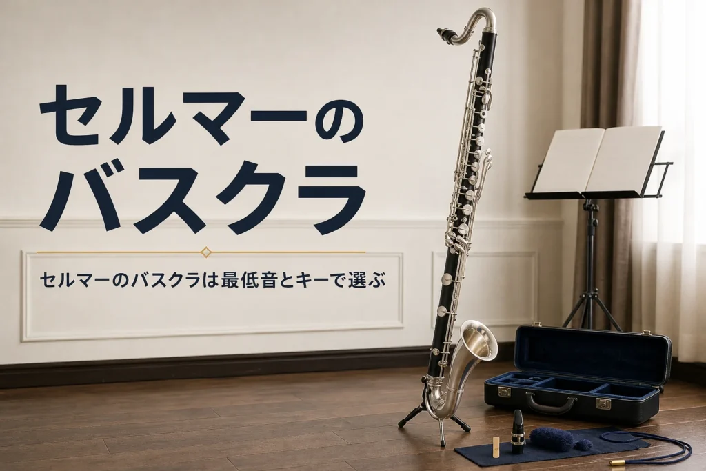 セルマーのバスクラの特徴を紹介する記事のアイキャッチ。練習室に立てた木製のバスクラリネット
