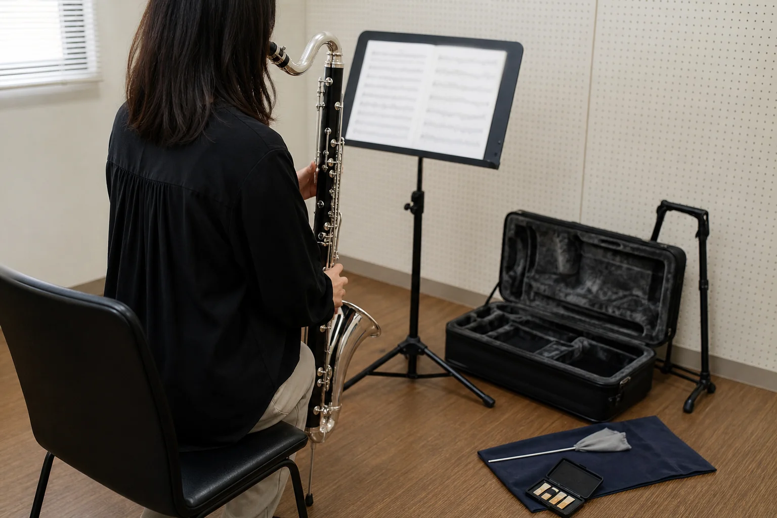 音楽室で譜面台に向かい、バスクラリネットの基礎練習をする奏者の後ろ姿