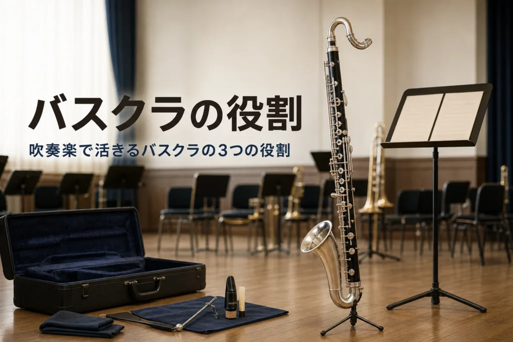 吹奏楽でのバスクラの役割を紹介する記事のアイキャッチ。音楽室で譜面台の前に立てたバスクラリネット