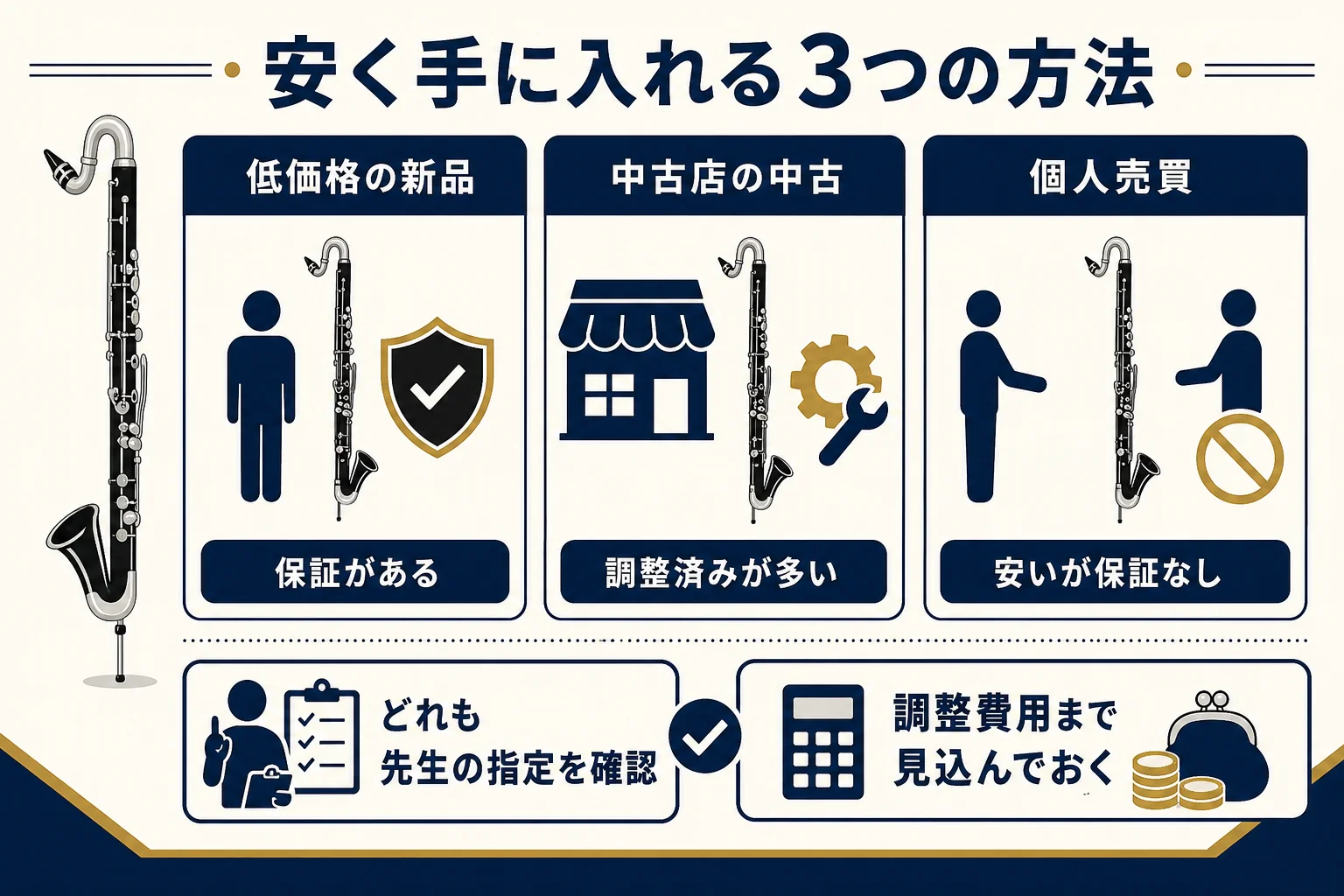安いバスクラを手に入れる方法を、低価格の新品・中古店の中古・個人売買の3つに分けて、保証や試奏のしやすさを比べた図解
